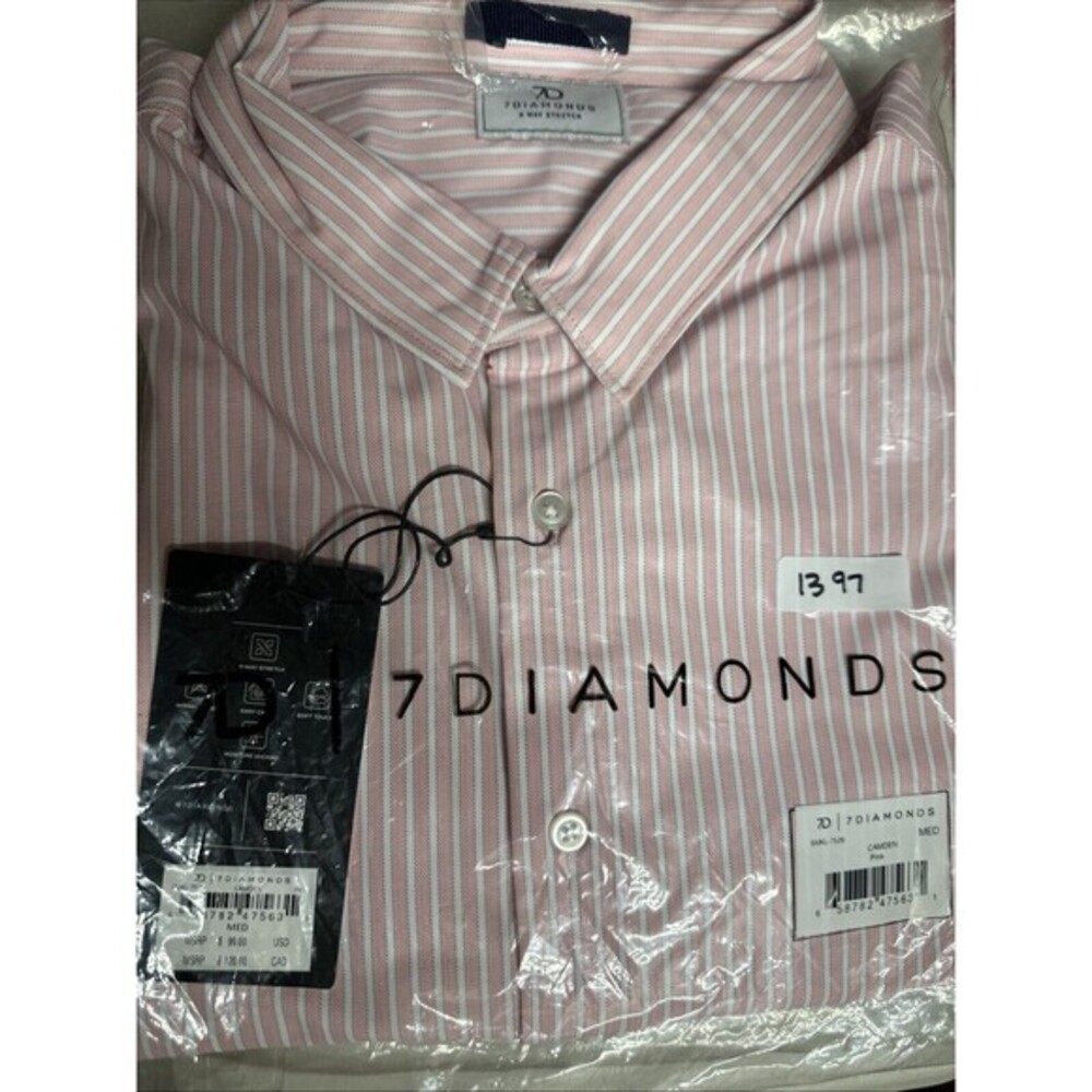 7 Diamonds Shirt Mens Medium Stripe 4-Way Stretch Camden Long Sleeve Button Up - Picture 11 of 11